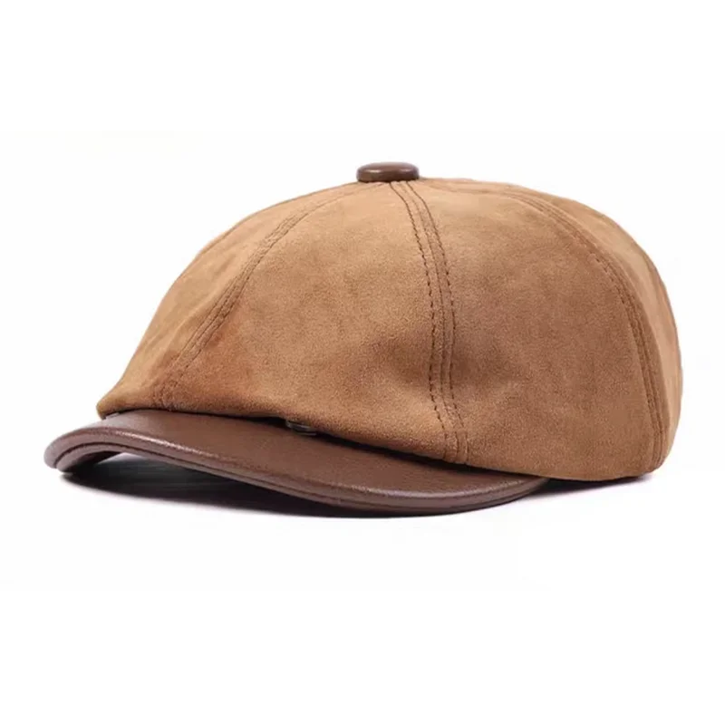Retro Genuine Leather Boina Hat Matte Suede Sheepskin Beret Yellow Brown Warm Octagonal Cap Winter Cotton Men Padding Hunting