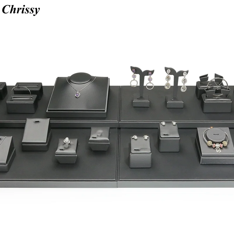 Dark Gray Brushed Leather Jewelry Display Stand for Rings Earrings Necklaces Pendants Bracelets Storage and Display Stand