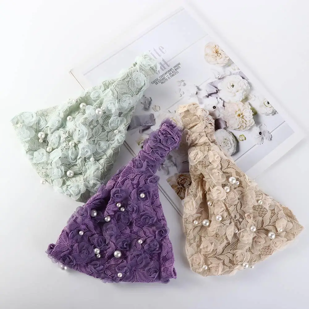 Headwear Elegant Pearl Mesh Wash Face Wide Side Lace Headband Flower Women Hairbands Korean Head Wrap