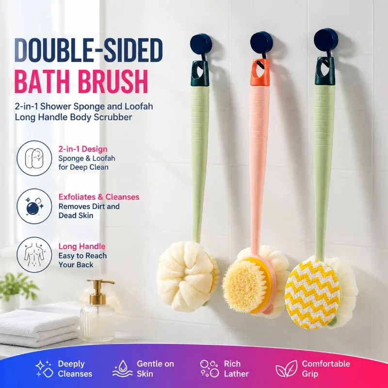 Double-sided Bath Brush, 2-in-1 Shower Sponge and Loofah Long Handle Body Scrubber for Exfoliating Back