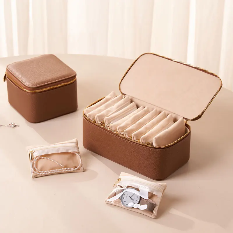 Leather Jewelry Storage Box Portable Travel Jewelry Organizer Case Detachable Ring Earrings Storage Box Zipper Necklace Cases