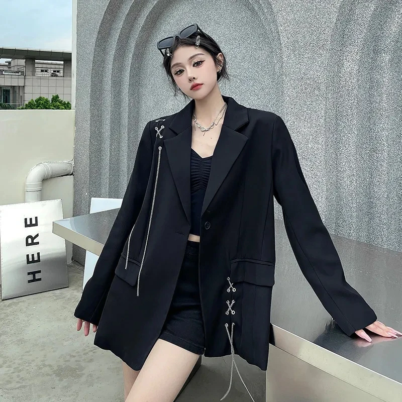 Streetwear Black Chain Blazers Women Y2K Hottie Spring Autumn Loose Casual Jacket Harajuku Single Button Korean Simple Coats New