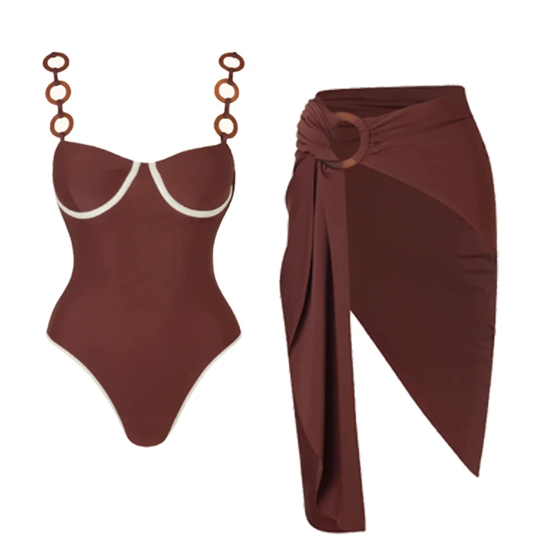 2024 Swimsuit Ring Decoration Brown One Piece  Women Swimwear Vacation Beachwear  Clearance Wholesale