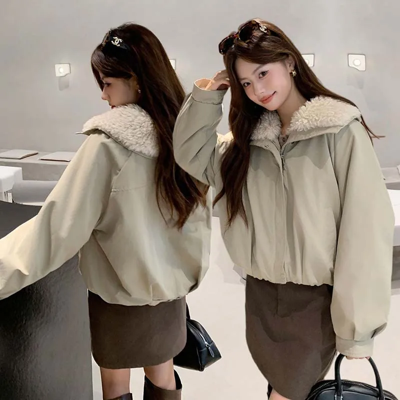 Fashion Lamb Fur Lapel Winter Down Cotton Jacket Women Coat 2026 New Korean Thick Parkas Female Warm Snow Outerwear Overcoat