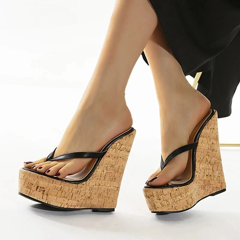 Aneikeh Fashion Street Style Super High Heel Wedge Platform Flip Flops Woman Slippers Beach Shoes Outdoor Ladies Summer Sandals