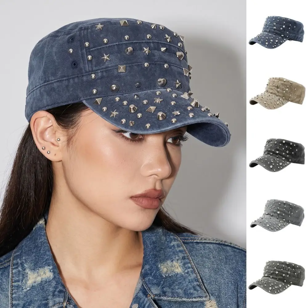 Fashion Cotton Rivet Peaked Cap Y2k Star Rivet Flat Top Hat Spice Girls Denim Retro Baseball Cap Girl