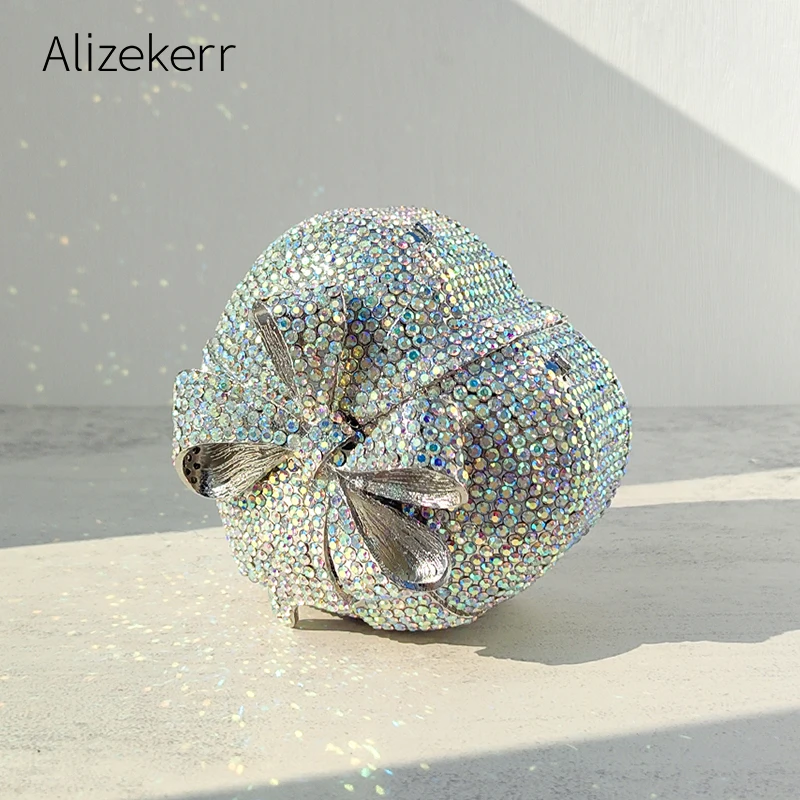 Alizekerr Heart Shaped Crystal Evening Bags Women Gorgeous Bow Diamond Metal Clutch Purses And Handbags Bridal Wedding Party