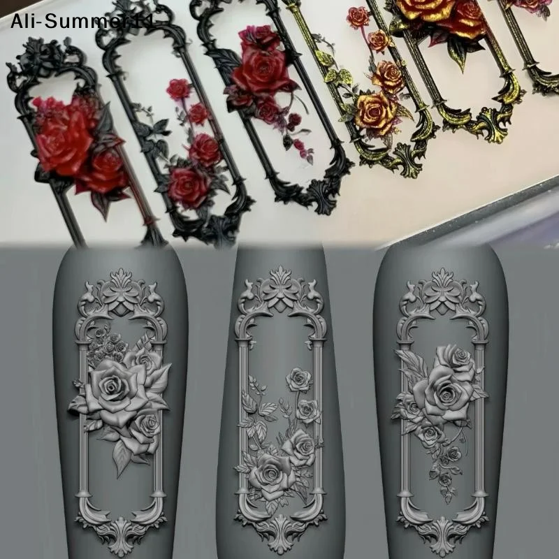 Wq01pc Retro 3D Nail Molds Window Frame Rose Flower Frame Nail Mold 3D Carving Silicone Template DIY Manicure Decoration Tools