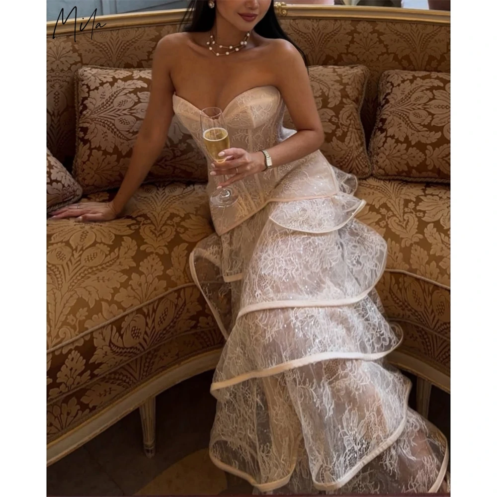 Mila Customized Beige Sweetheart Neck Floral Lac Prom Dress Tiered Ruffle A-line Formal Evening Floor-Length Vestidos De Fiesta