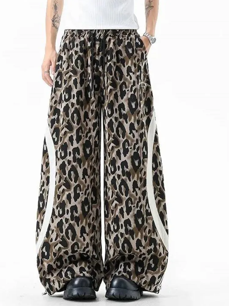 American Streetwear Men's Casual Pants Striped Patchwork Leopard Print Casual Drawstring Elastic Waist Sweatpants 431K