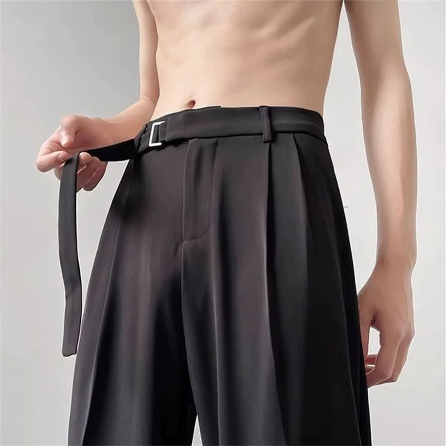 Men Suit Trousers Retro Thin Breathable Belt High Waist Male Straight-leg Pants Loose Pleated Business Casual Men Pants