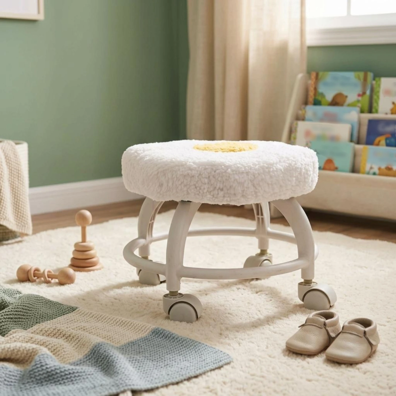Cloud Stool Caster Wheels Rolling Stool Small Furniture Soft Textured White Metal Frame