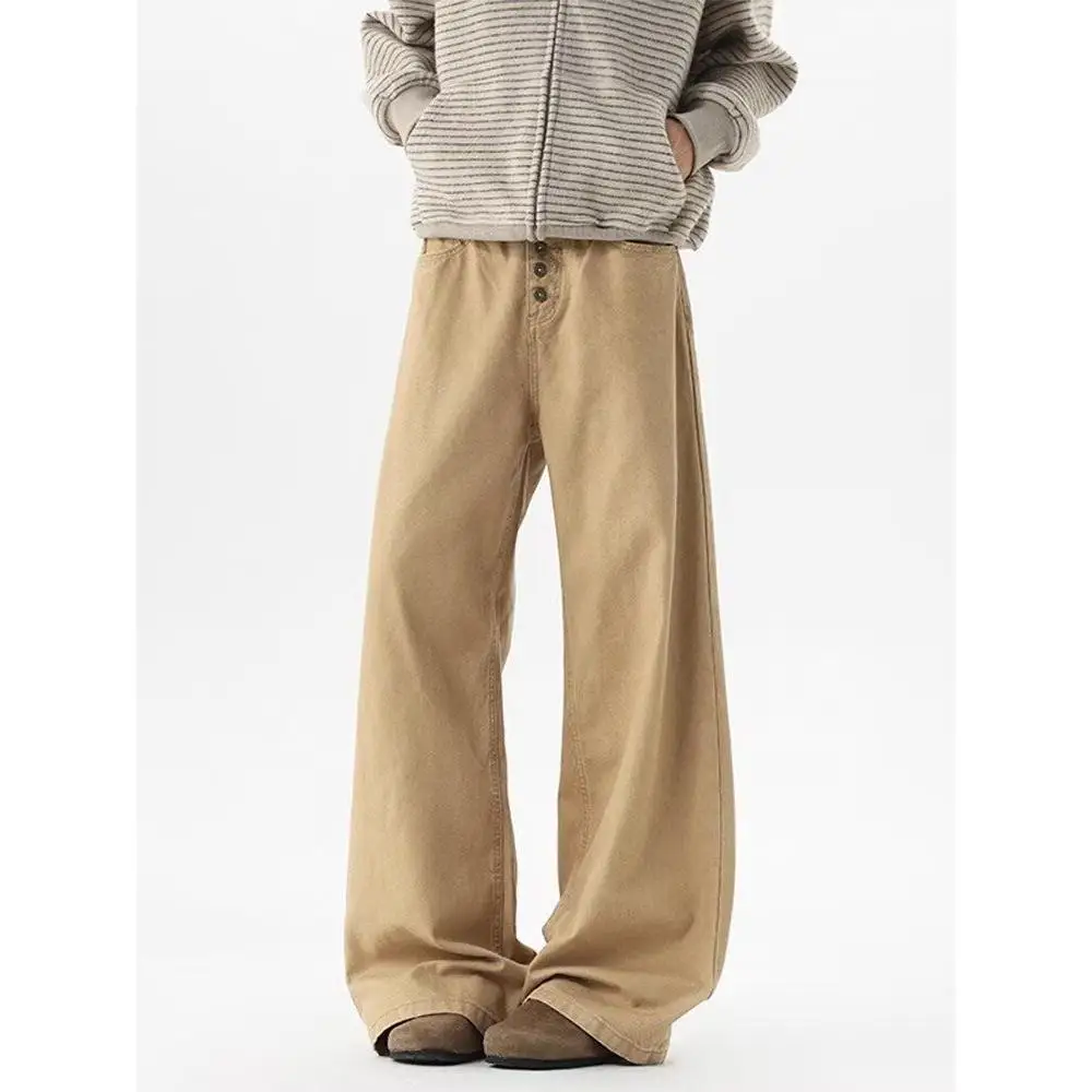 Men's Straight Button Design Trousers Spring Street Style Cool Boys High Waist Sweatpants Male Casual Straight Pants