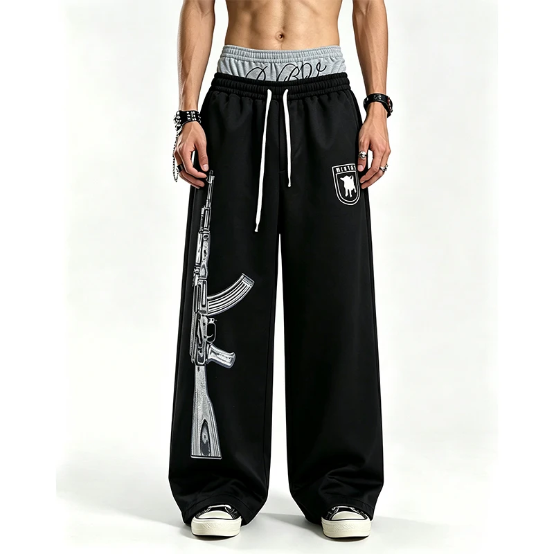 2026 Men's Y2K wide leg sports pants with double waistband pattern printed drawstring loose streetwear pants hip-hop loose pants