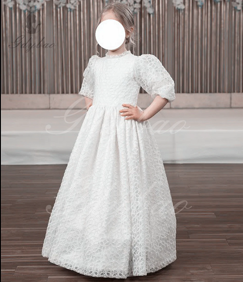 Customized Milk Lace Flower Girl Dress For Wedding High Neck Tulle Half Sleeves Puffy Kids Birthday Party First Communion Gowns