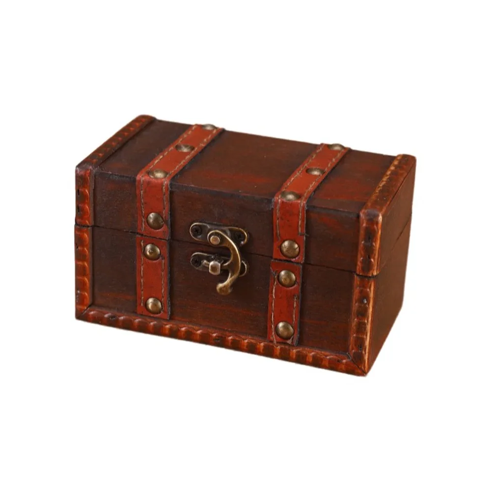 Vintage Multifunctional Treasure Chest Retro Style Wooden Jewelry Storage Box with a Lock Decorative Antique Desktop Organizer