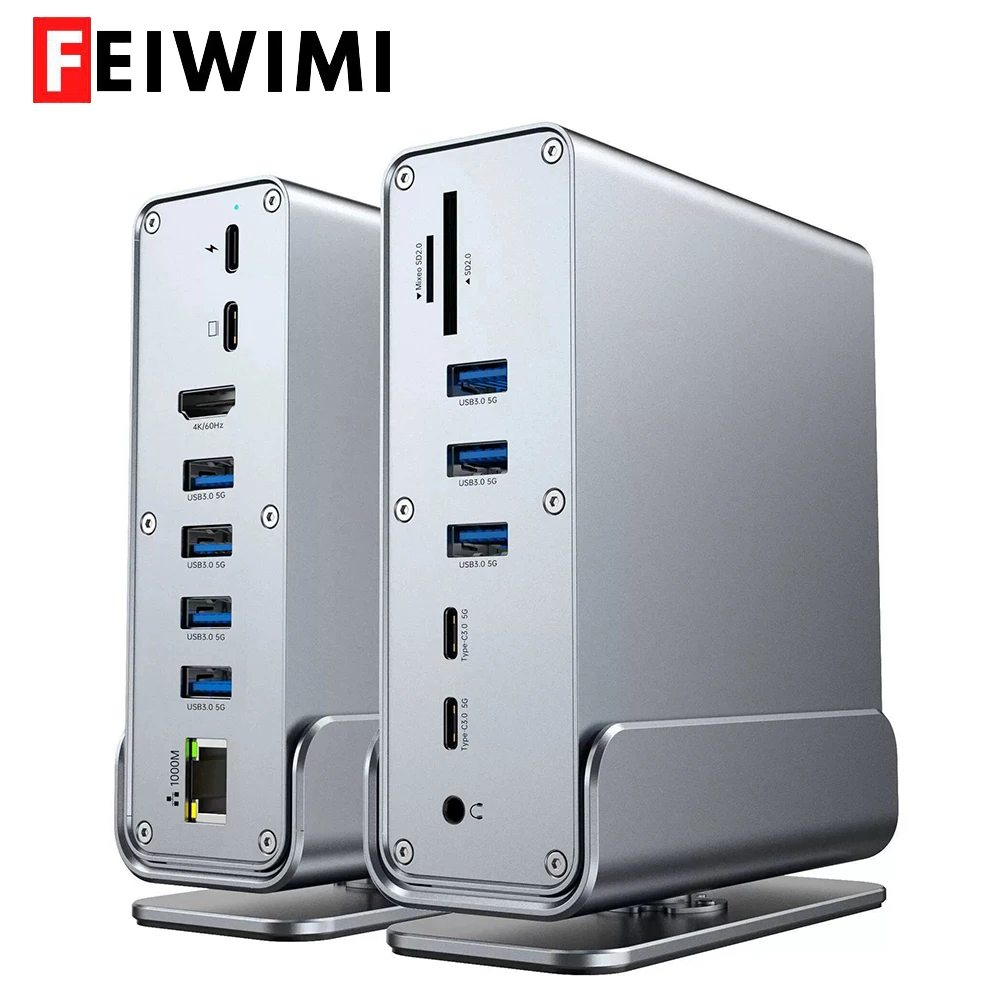 FEIWIMI 15 in 1 USB C HUB 4K60Hz Type C Docking Station with USB 3.0 HDTV Display PD 100W RJ45 SD/TF Audio 3.5 for Mac Pro