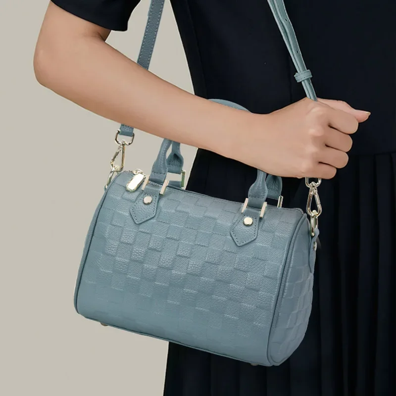 Cowhide Check Embossed Mini Duffle Handbag Detachable Adjustable Cross Strap Multi Pocket Ladies Shoulder Bag Daily Shopping