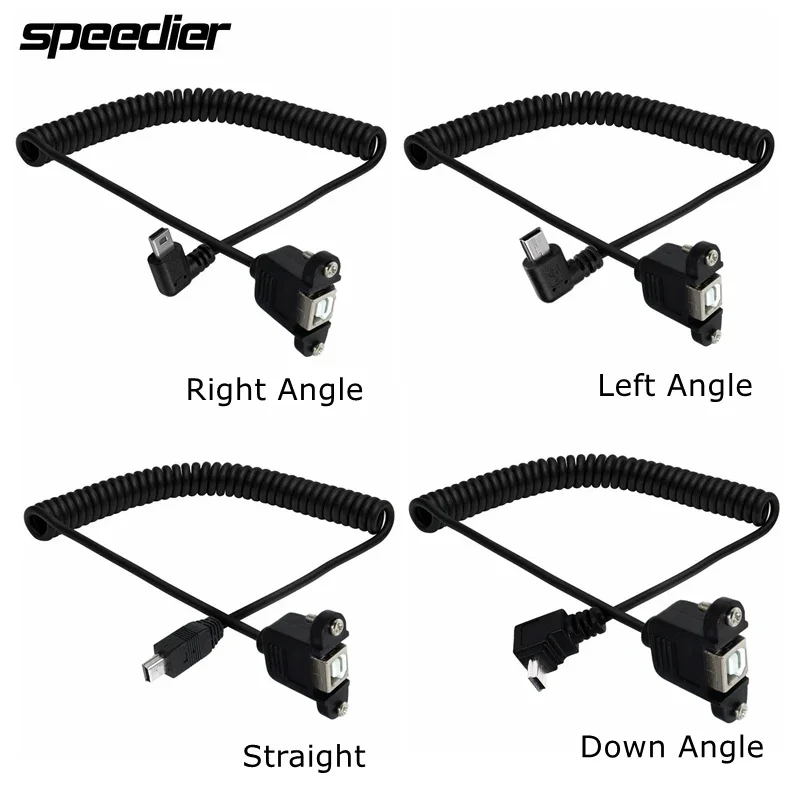 Spring Mini USB 5pin Male Elbow to USB 2.0 B Type Female Connector With Panel Mount Hole Stretch Coiled Cable 1.5m