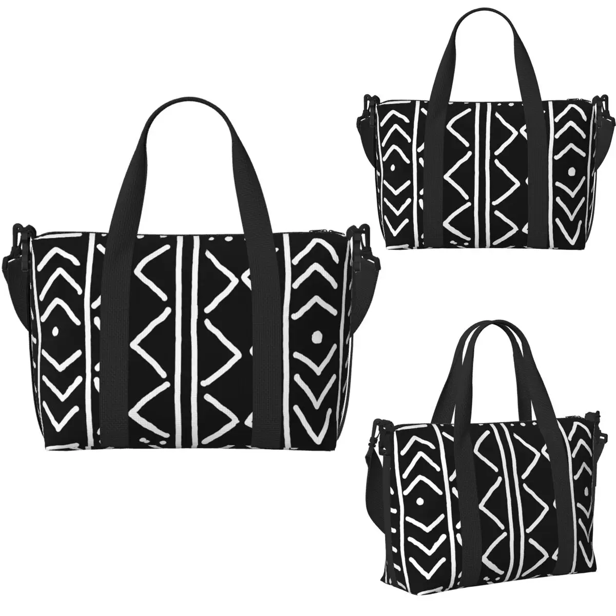 African Black Mudcloth Beach Travel Bag Large Capacity Tote Bags for Gym Yoga Women Shopping Duffle Shoulder Bag