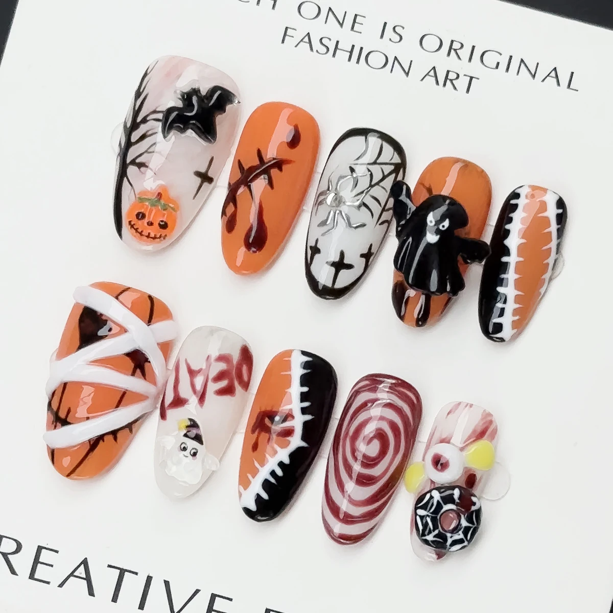 10pcs/Set Handmade acrylic press on nails Mid-length almond nailshalloween nails ,ghost pumpkin bat bandageGothic style nails
