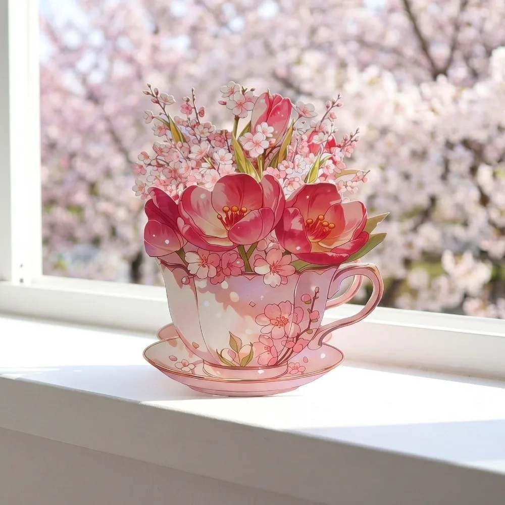 Paper Sculpture Flowers Teacup Greeting Card Handmade Exquisite Craft Cherry Blossom Tulip Card Postcard Surprise Gifts