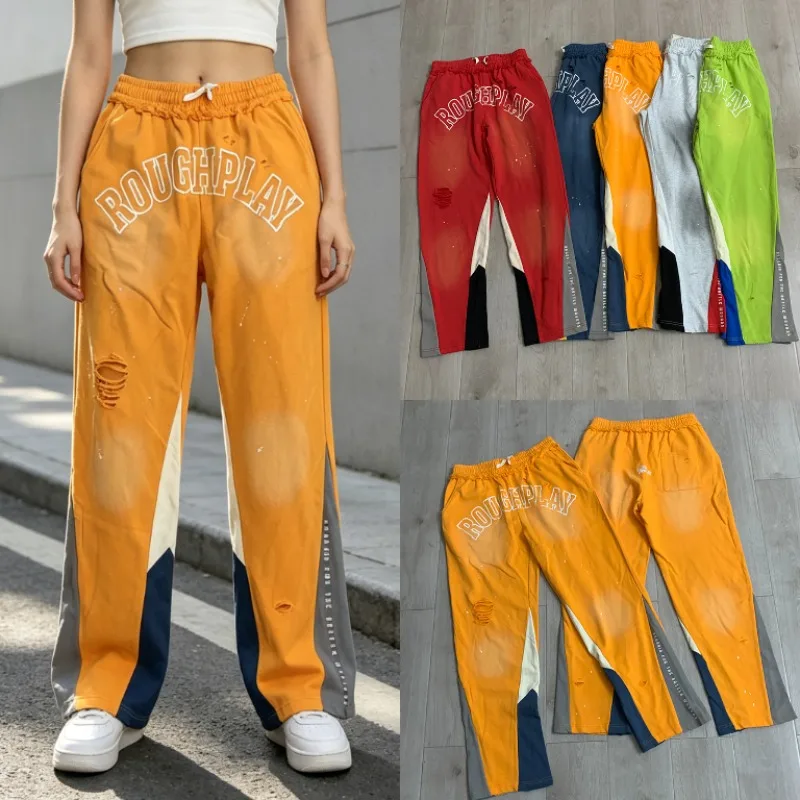 Rough Play Men Women Orange Drawstring Sweatpants Side Contrast Panel Letter Splatter Ripped Loose Flare Pants