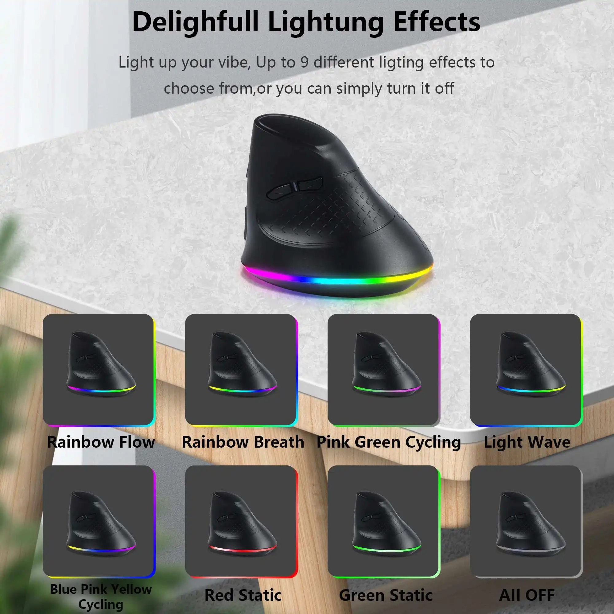 Bottom Color Light Vertical Dual-mode Wireless Mouse Rechargeable Ergonomic Mouse Suitable For Tablet Computers And Notes
