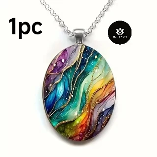Platinum Plated Iron Alloy Necklace Vintage Wavy Oval Dream Glass Pendant Ideal Present For Relatives Friends Daily Jewelry