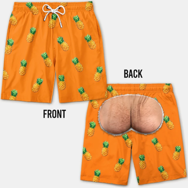 Funny 3D Pineapple Print Beach Shorts Unisex Summer Quickdry Novelty Butt Hole Print Trunks Prank Short Pants for Men Women