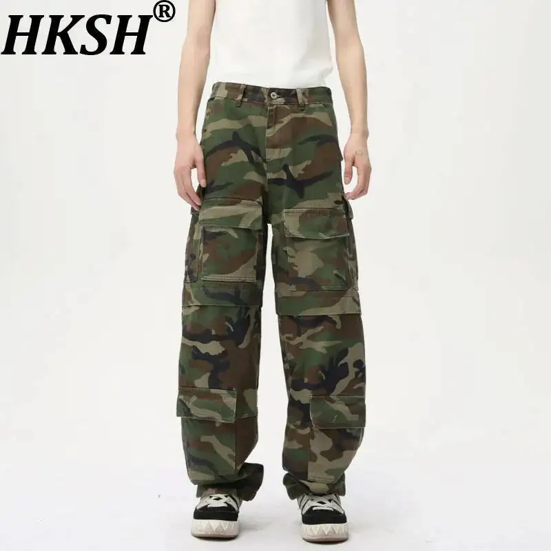 HKSH Spring New Tide Men Clothing Vintage Washed Distressed Pockets Safari Style Cargo Pants Cotton Fashion Chic Ins Y2K HK24016