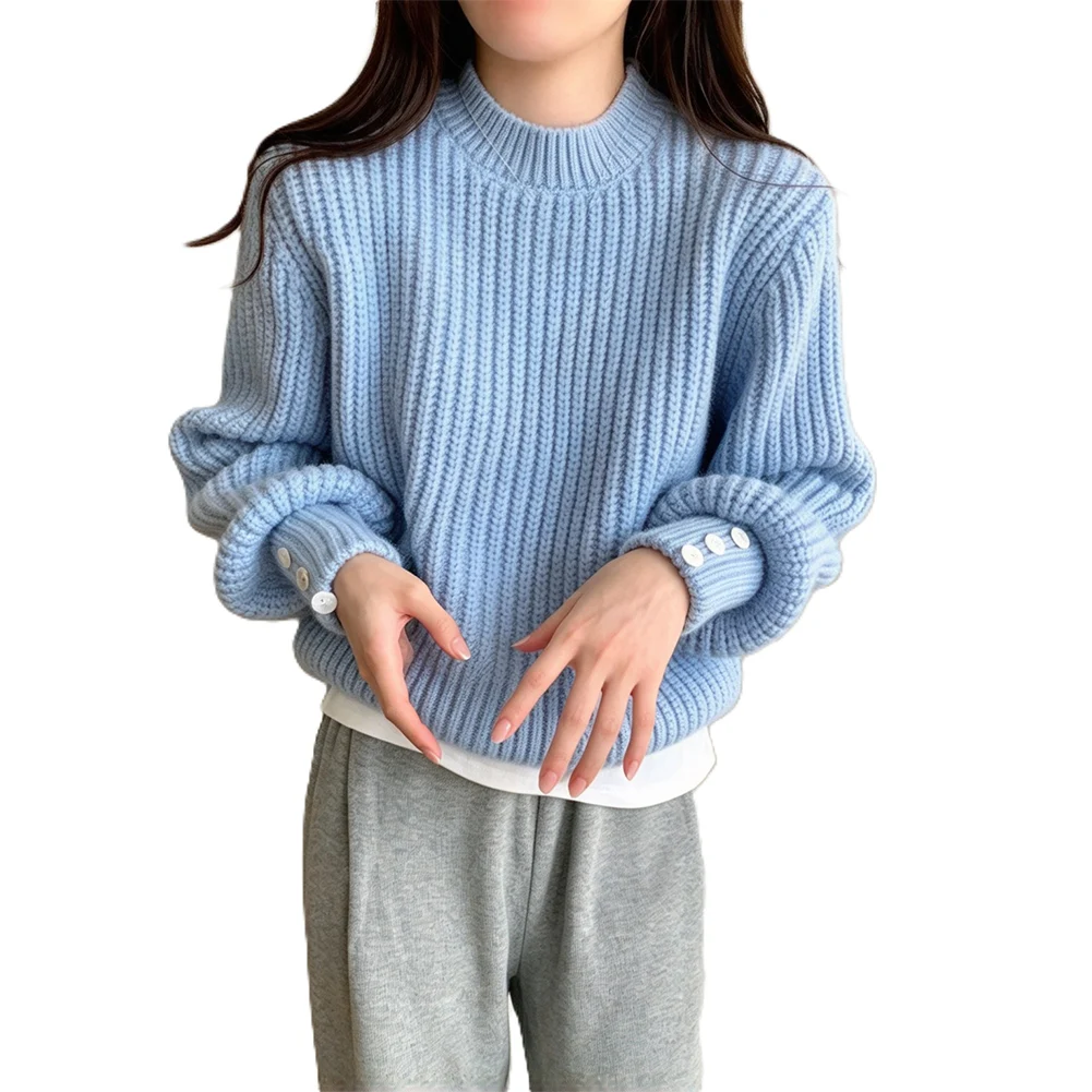  Women's Solid for color Loose Round Neck Knitted Pullover Sweater Fried Dough Twists Vertical Stripe Design Coat Tops