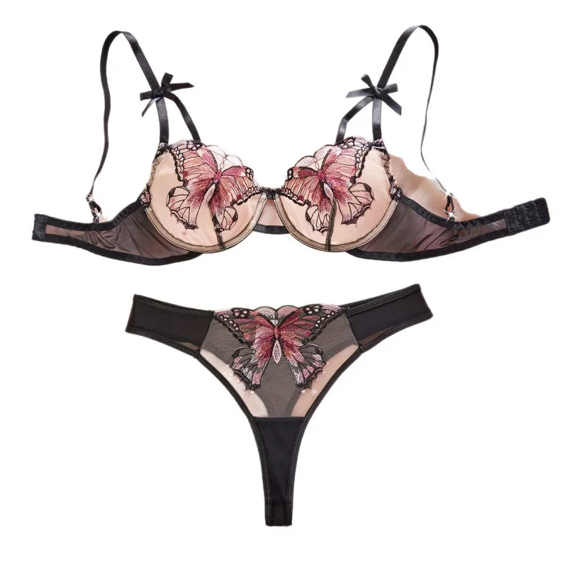 Bikini lingerie with mesh butterfly embroidery, underwire, sexy and pure, see-through, ultra-thin two-piece set