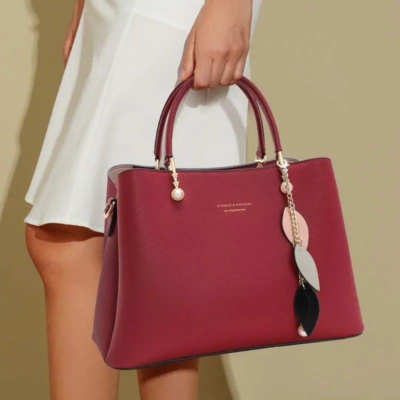 Genuine Cowhide Top Handle Handbag Leaf Pearl Pendant Detachable Cross Strap Multi Pocket Ladies Shoulder Bag Daily Work