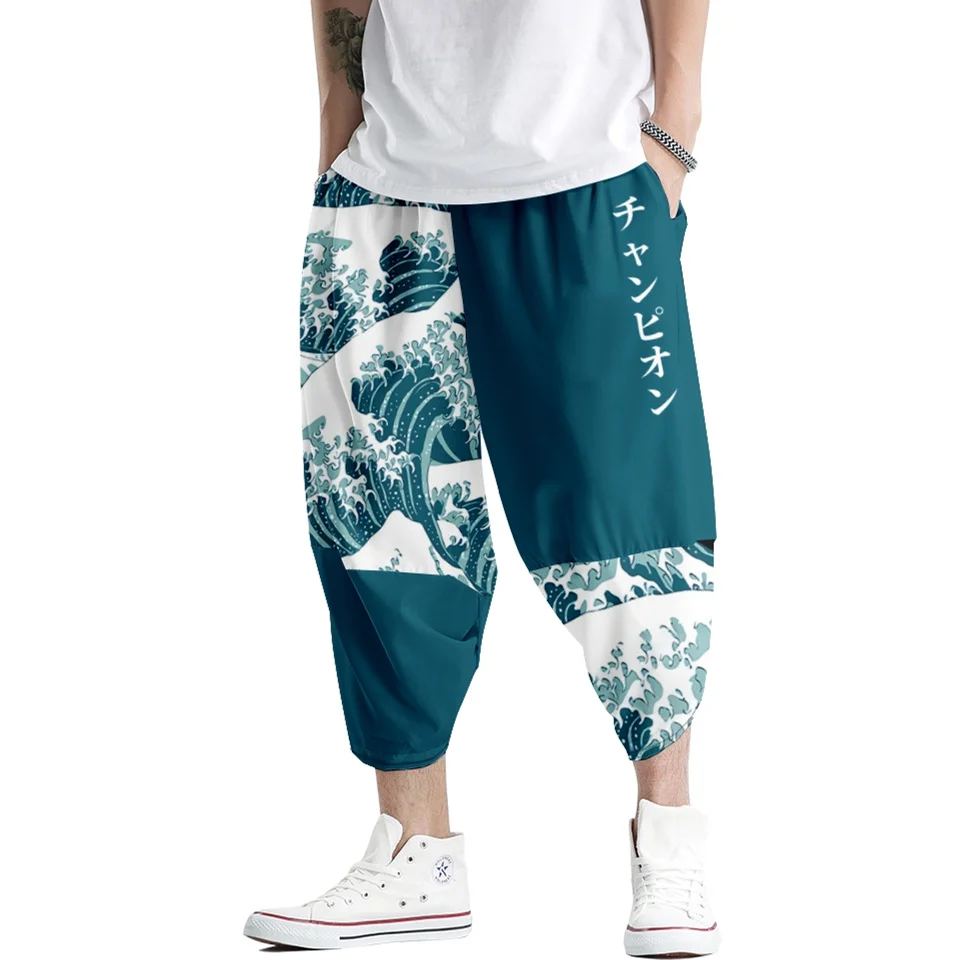 Kanagawa Wave Kimono Pants Men Asian Clothing Bath Pant Casual Male Japanese Anime Yukata Trousers Cropped Pants