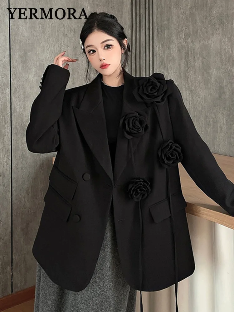 YERMORA Black Three-dimensional Flower Blazer For Women Lapel Long Sleeve Loose Fit Fashion Jacket Spring Autumn 2025 New A72