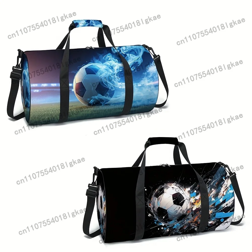 1pc Football Print Cylindrical Travel Bag - Lightweight Foldable Duffel with Adjustable Strap, Soccer Design for &, Business Tri