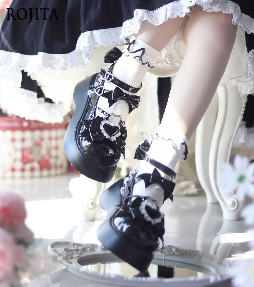 Sweet Lolita Platform Mary Jane Shoes Women Heart Bow Lace Ankle Strap Gothic Sweet Cosplay Wedge Heel Shoes