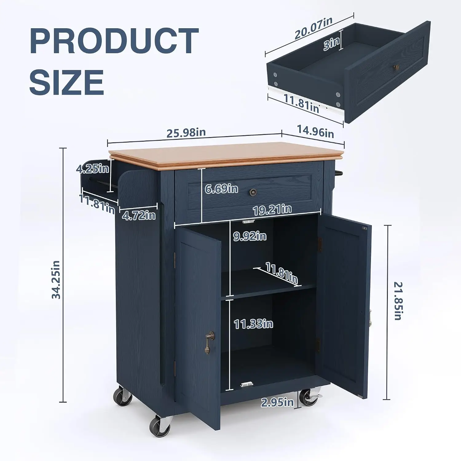 26'' Small Kitchen Island Vintage Wood Rolling Cart Blue, Customized