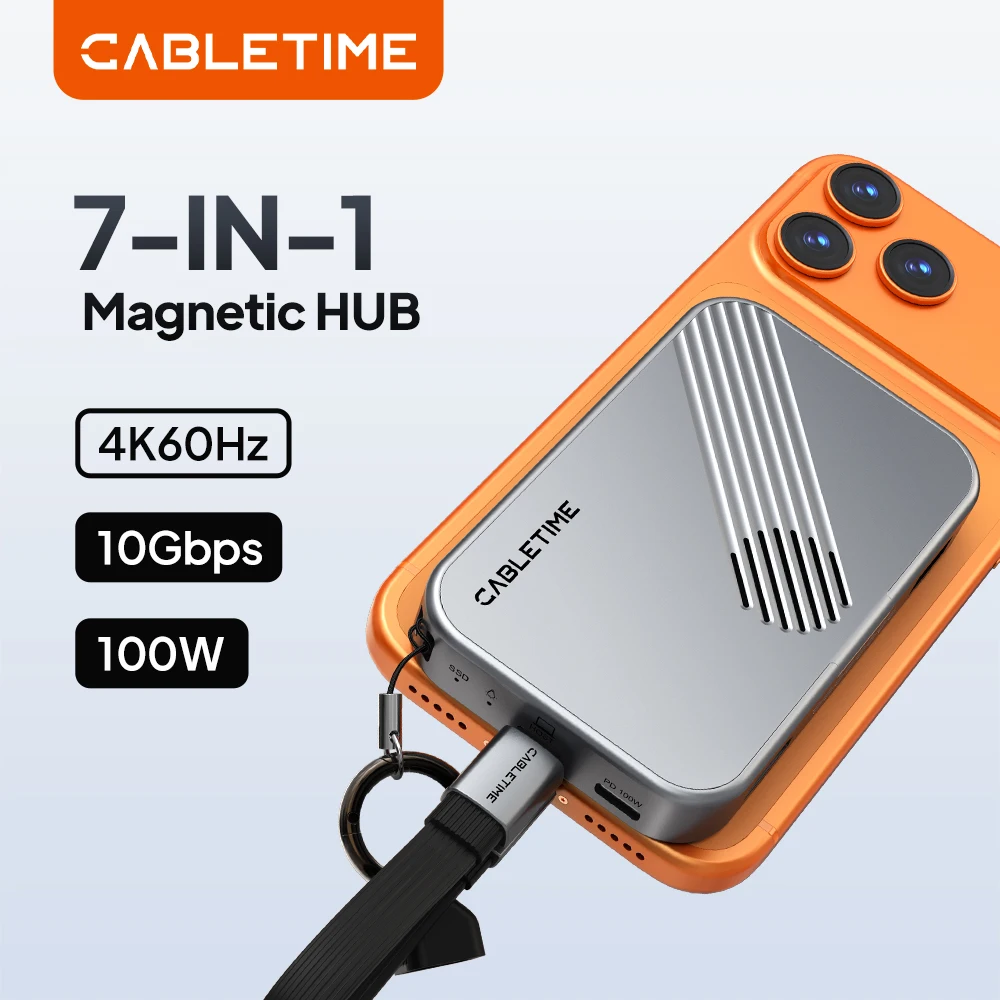 CABLETIME 7-in-1 Magnetic USB-C Hub NVMe SSD 4K ProRes Video Recording SD/TF 3.0 Strong Magnetic Attachment for iPhone 17/16/15