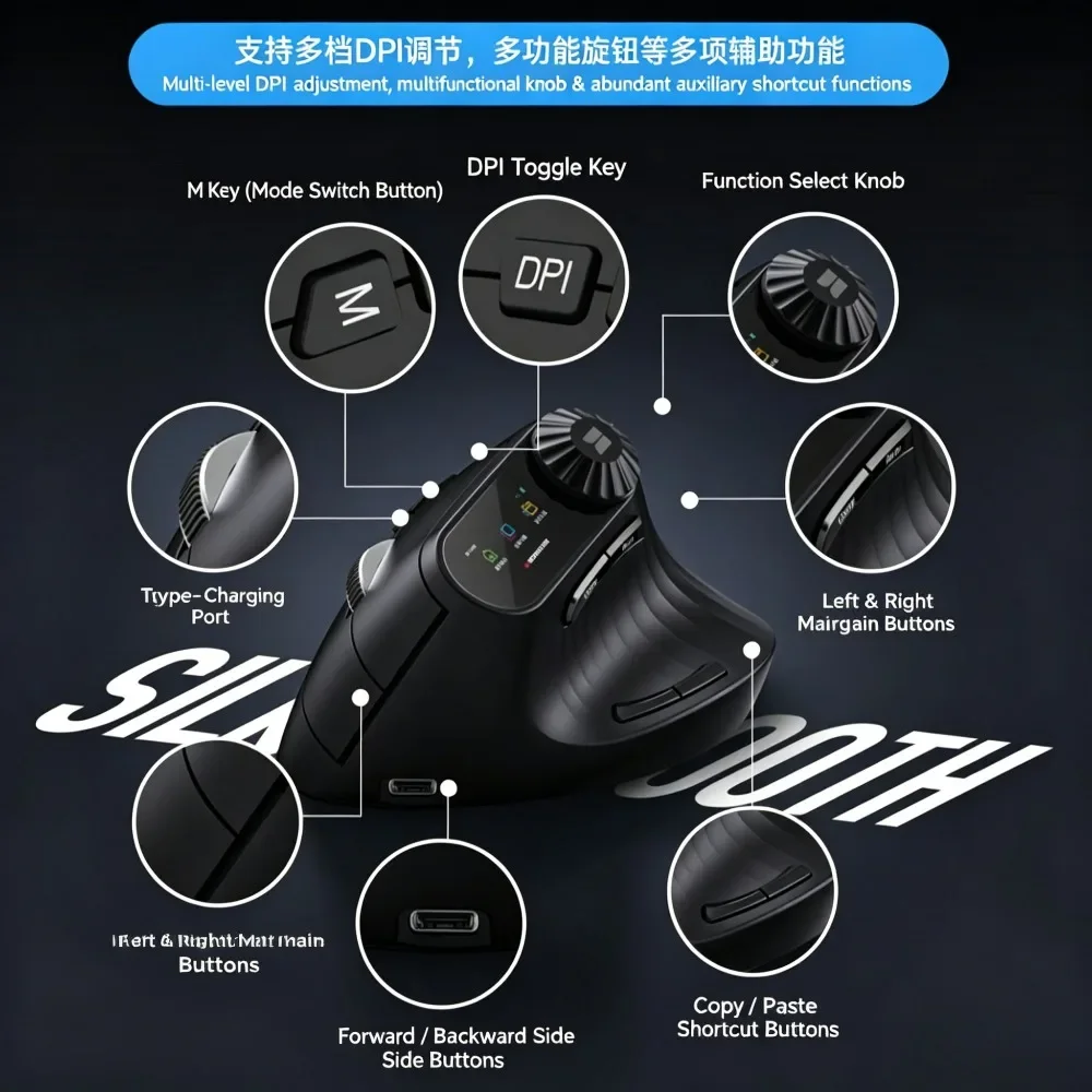 Monster M2MAX Vertical Mouse Dual-Mode Wireless Bluetooth Rechargeable Battery Long Life with Screen Ergonomic Office Accessory