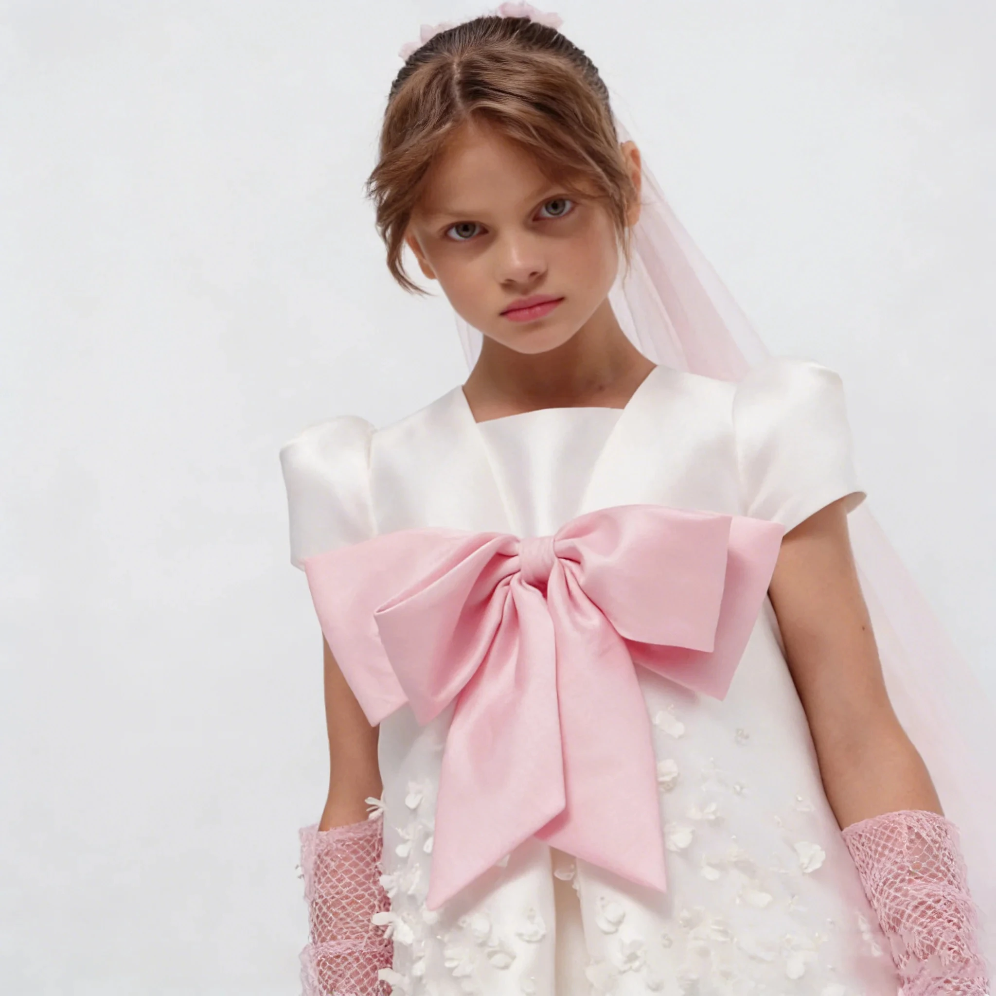 Customized Flower Girl Dress For Wedding Appliques Bow Short Sleeve Knee Length Elegant Kids Birthday First Communion Gown