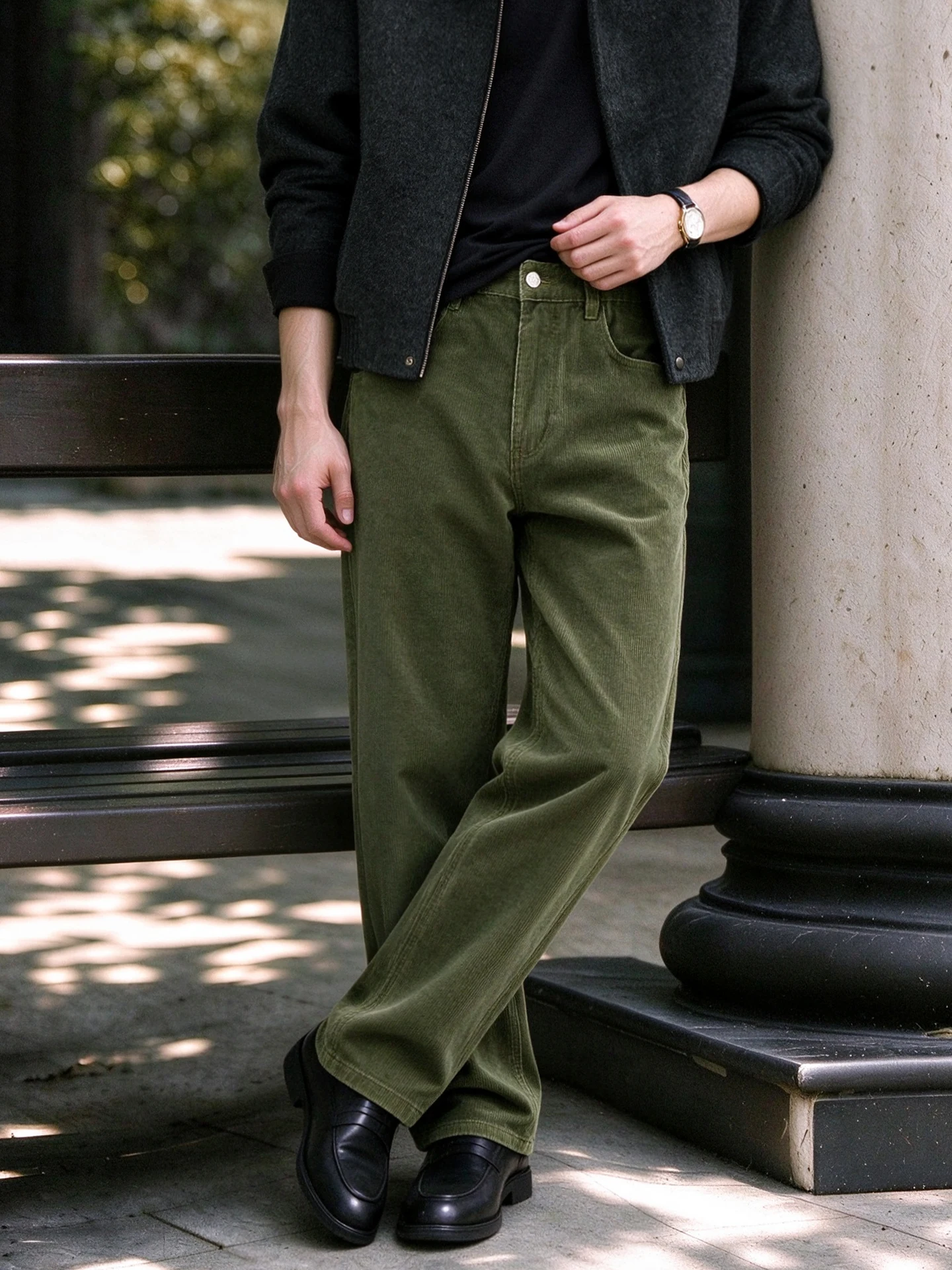 Double Threaded Combed Cotton Corduroy Pants Forest Green Commute Straight Leg Casual Pants Thick Autumn Winter Men's Clothing