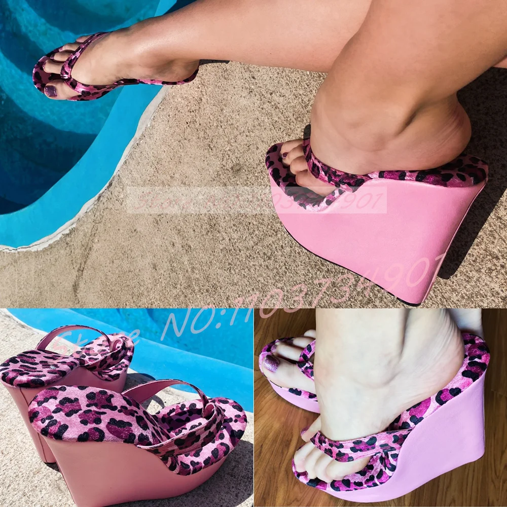 Leopard Wedge Platform Thong Heels Mules Women Sexy Outdoor Pink Leather Sandals Party Flip Flops High Heels Mules