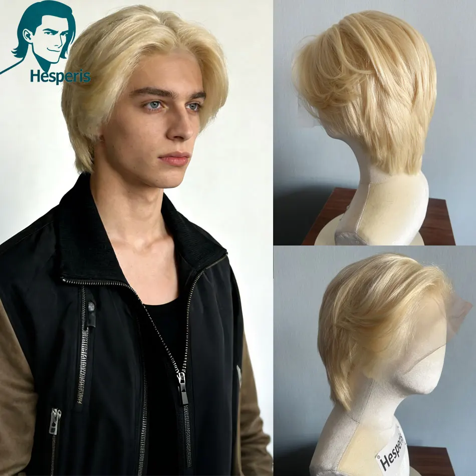 Hesperis Transparent Lace Blonde Full Lace Human Hair Wigs For Male Fashion 613 Color Short Pixie Cut Wig For Men Cosplay Wigs