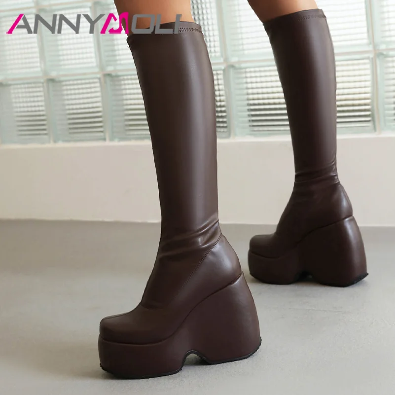 ANNYMOLI Women Pu Leather Strech Boots Knee High Boots Platform Wedges Sqaure Toe Fashion High Heel Shoes Winter Black 34-43