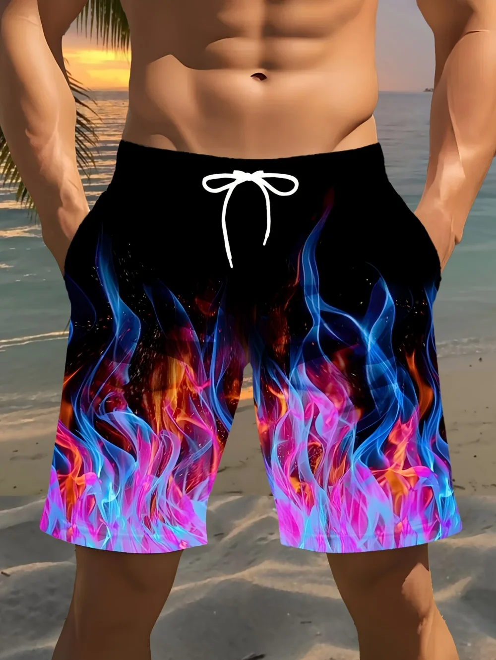Vintage Men's 3D Printed Flame Graphics Shorts Drawstring Shorts Hawaiian Beach Short Pants Swimming Trunks Men Summer Clothing
