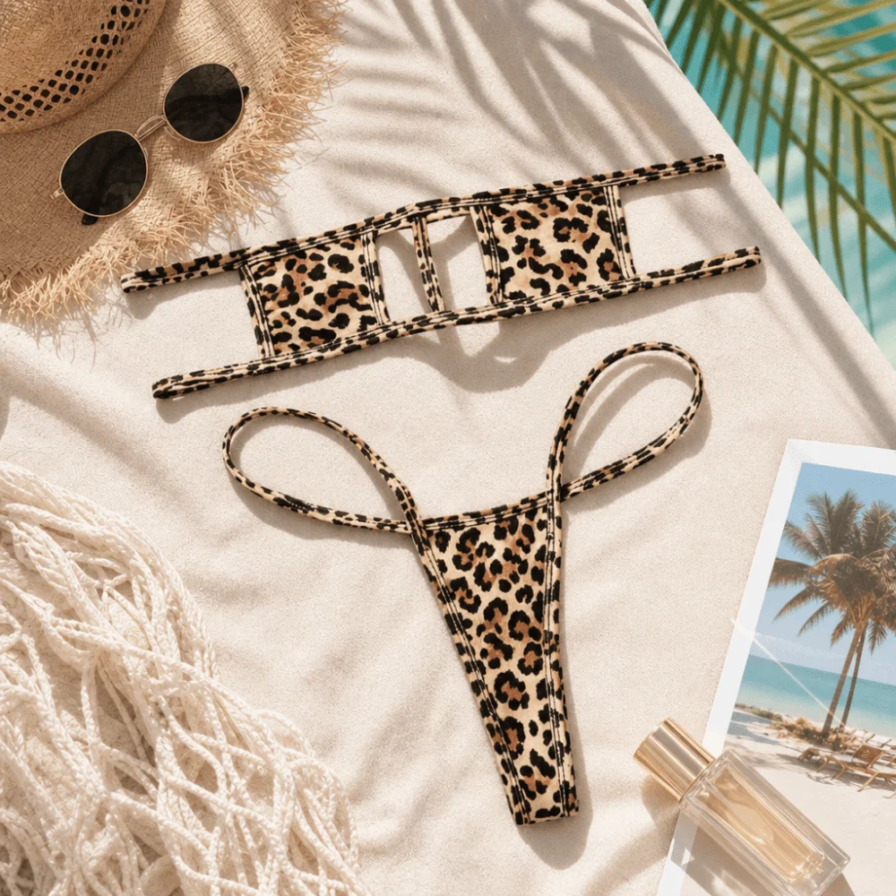 Cosplay Leopard Print Bikini Set Hollowed Out Lingerie Underwear Set Thong Beach Wear Beach