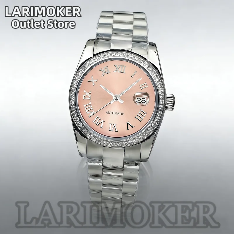LARIMOKER 31mm Ladies Automatic Watch NH05 Pink Dial Roman Numerals Diamond Studded Bezel Sapphire Crystal Stainless Steel