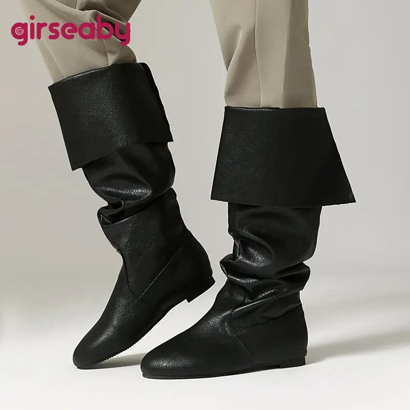 Girseaby Luxury 2025 New Retro Women Mid Calf Boots Round Toe Flats Slip On Large Size 45 46 47 48 Casual Daily Female Booties